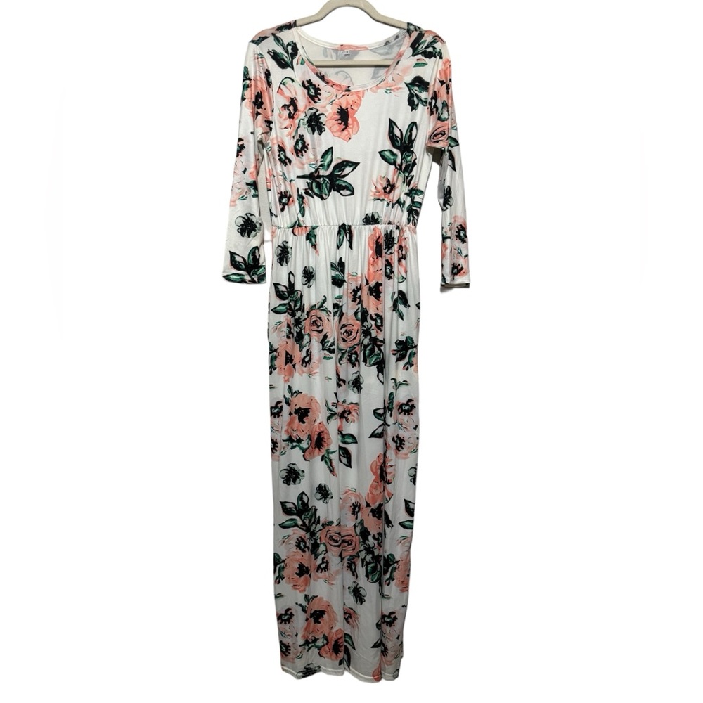 Long Modest White Pink Floral Spring Summer Maxi‎ Dress Women’s Size Small
